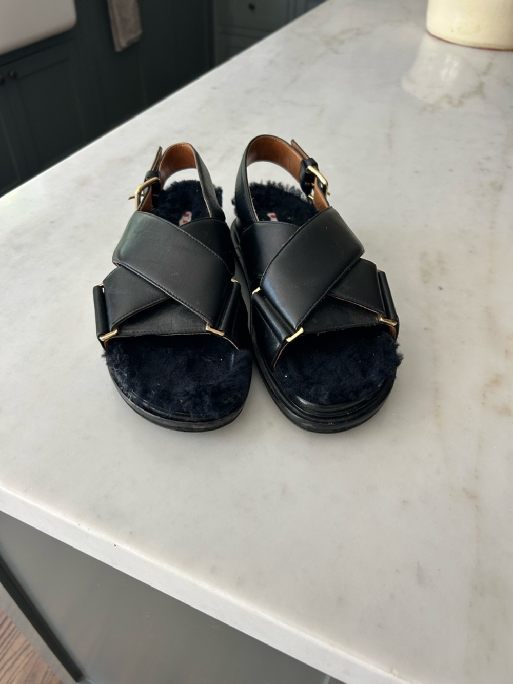 Marni Black Leather Cross-Strap Fur-Lined Women’s Sandals size 8